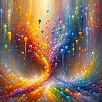 The primary subject of the image is a painting featuring a colorful, swirling design. The setting is a wall, and the visual style is a digital art or illustration. The dominant colors in the painting are a mix of bright and vibrant hues, creating a lively and energetic atmosphere.